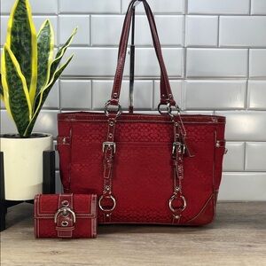 Y2K Coach cherry red jacquard tote AND WALLET SET